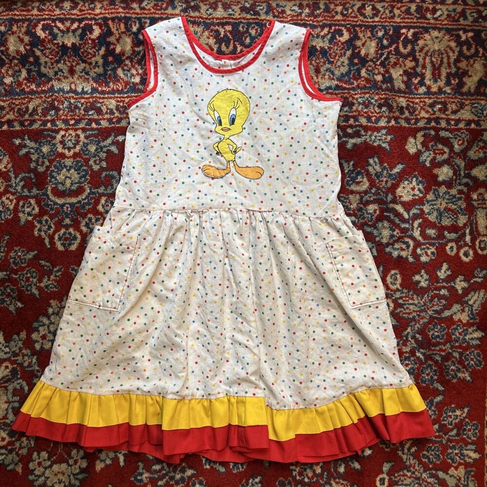 Vintage Handmade Looney Tunes Tweety Dress Small Polka dot Pockets Colorblock